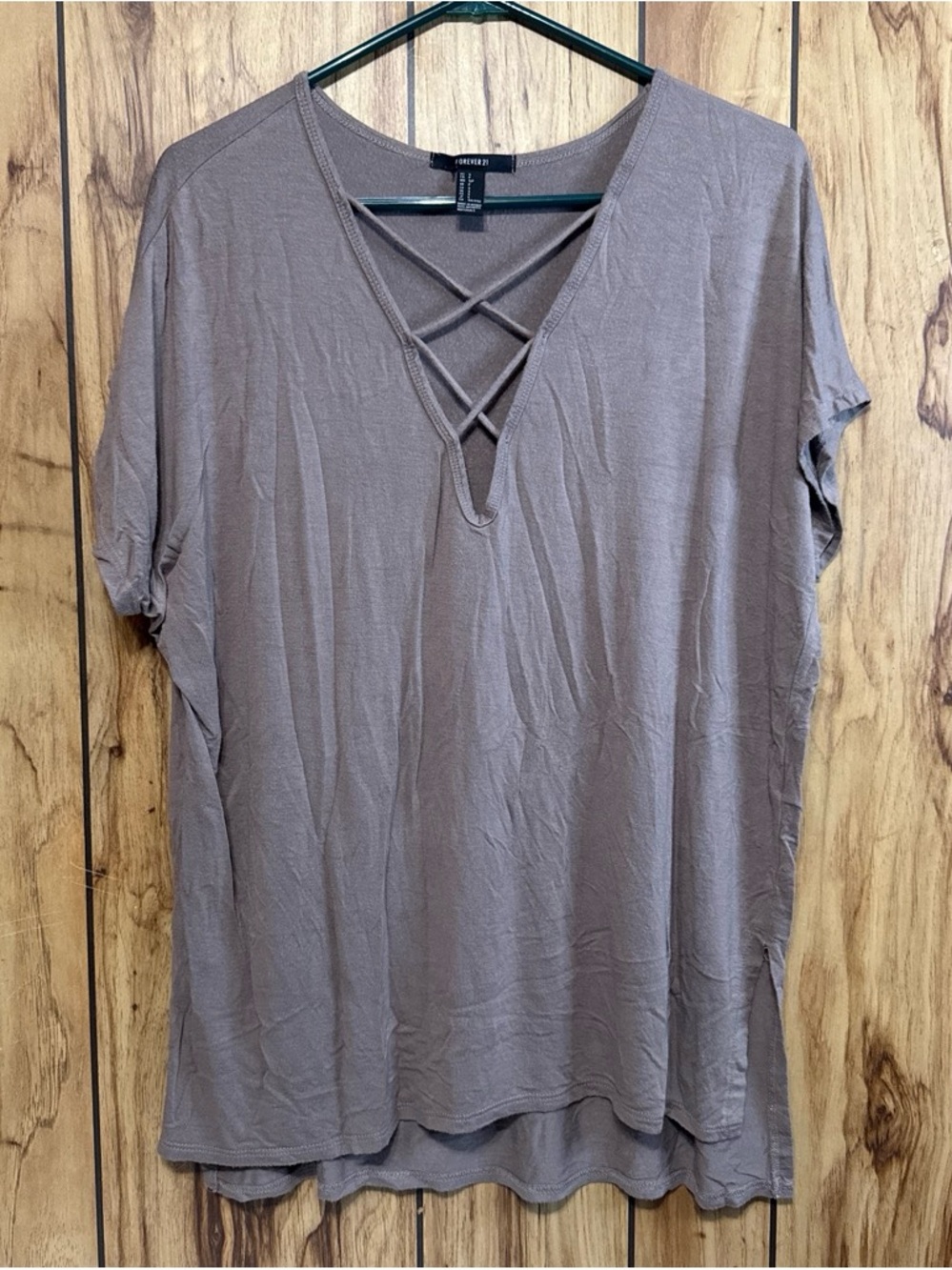 Forever 21 Taupe Crisscross V-Neck Short Sleeve Top